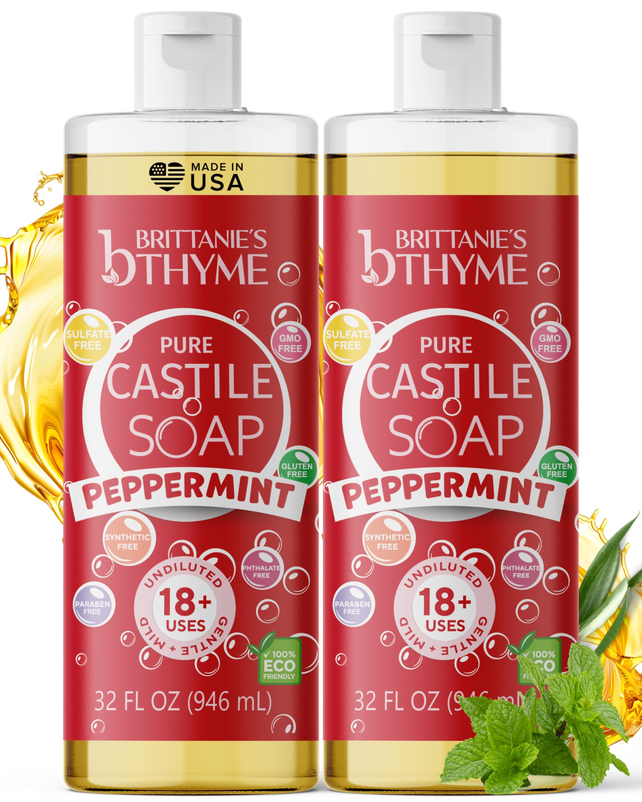 Brittanie's Thyme peppermint castile soap two-pack bottles for versatile body and home cleaning
