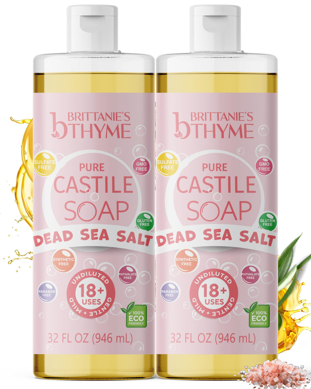 Brittanie's Thyme castile refill label closeup highlighting Dead Sea Salt minerals for cleansing