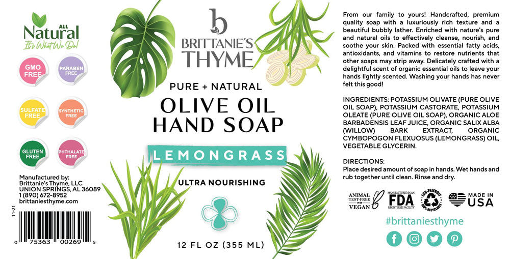 Brittanie's Thyme Pure Castile Soap Lemongrass bottle label highlights natural ingredients