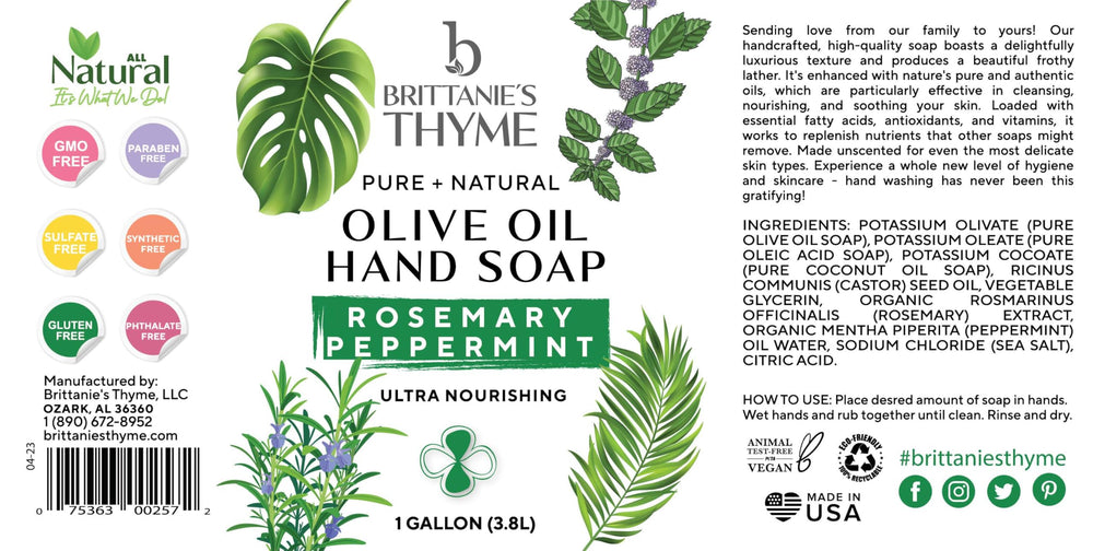 Brittanie's Thyme rosemary-peppermint castile soap 1gal pour action, ready for refills and multi-use.