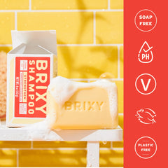 BRIXY Strengthening Shampoo Bar with caffeine stimulates scalp refreshment.