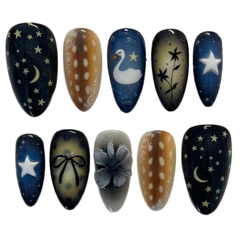 BRKYKGK starry sky floral nail art highlights whimsical style and elegance