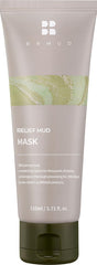 BRMUD Relief Mud Mask packaging close-up highlights natural ingredients for radiant skin