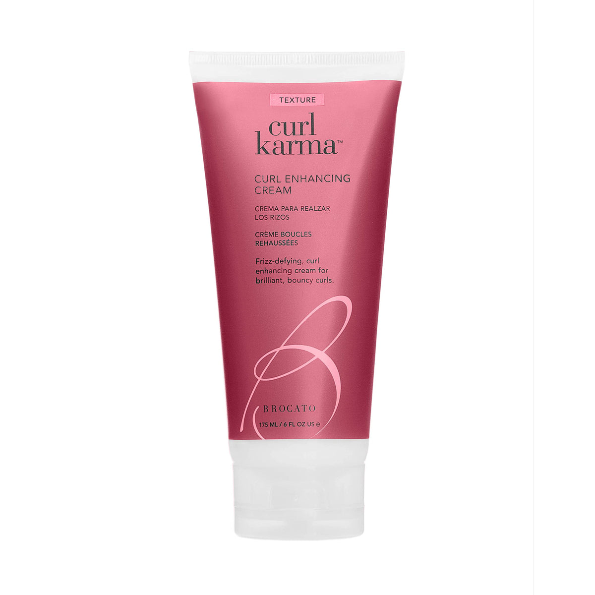 Brocato Curl Karma bottle front shows curl defining cream for all day style