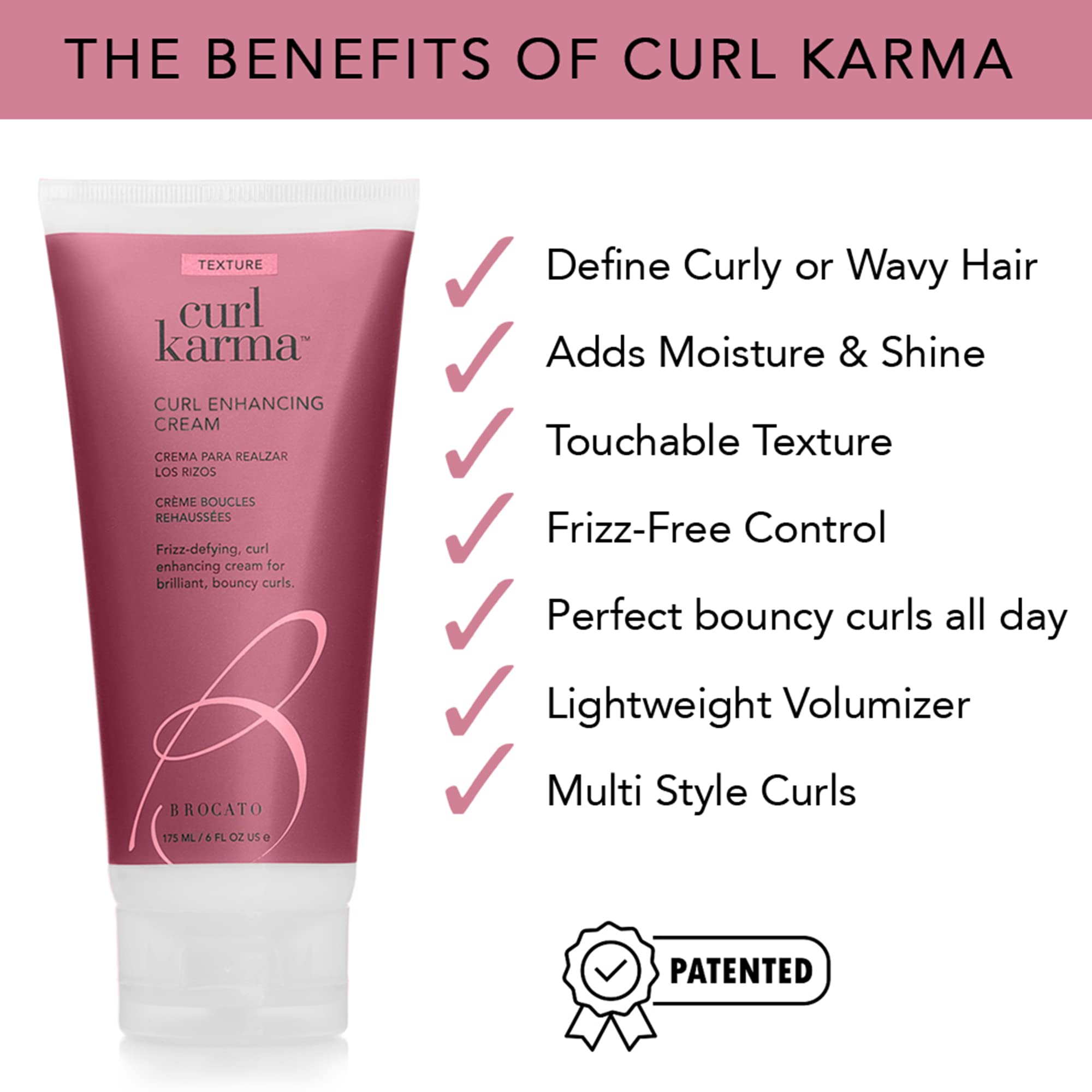 Brocato Curl Karma finish adds soft shine and frizz control for waves