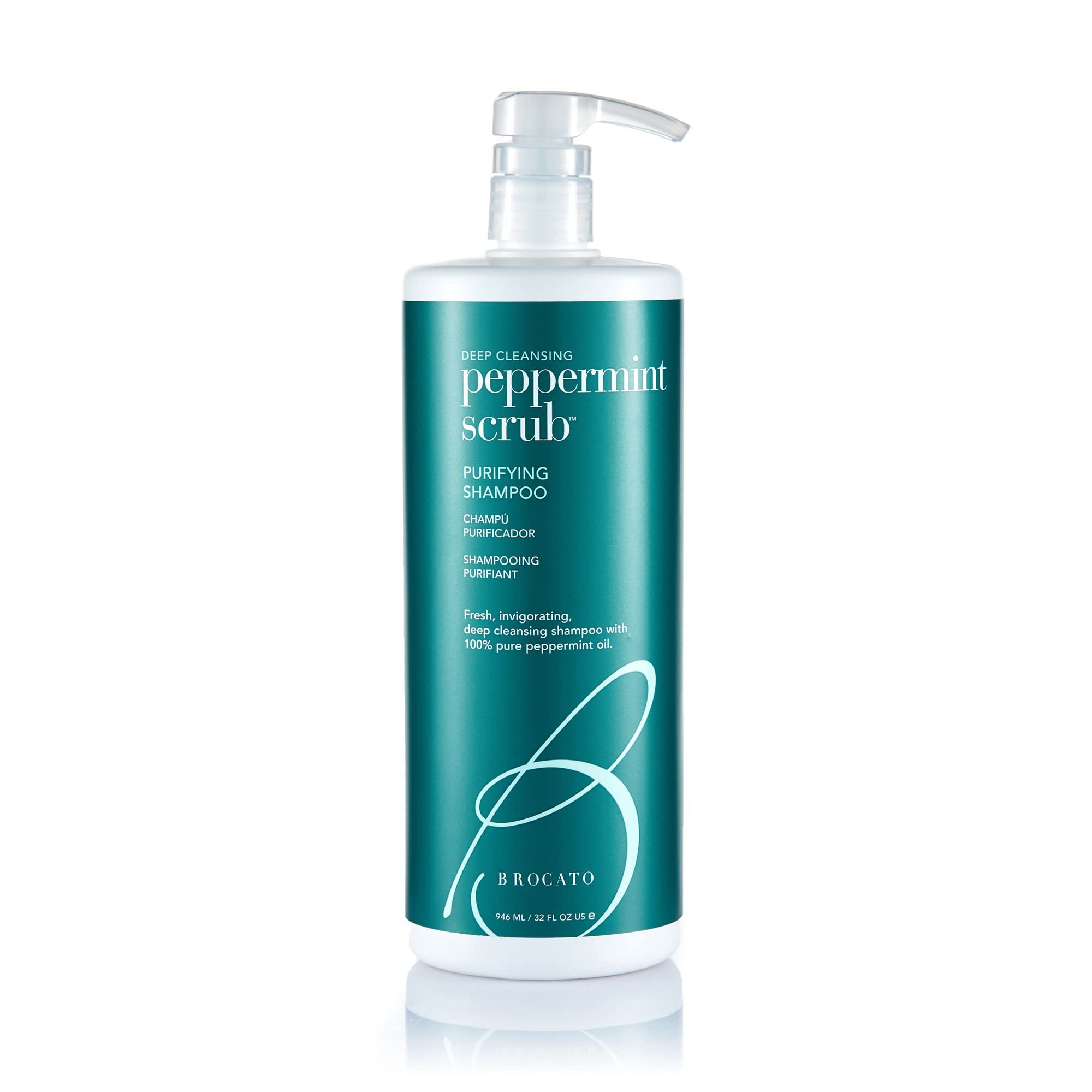 Brocato Peppermint Scrub Purifying Shampoo bottle-front highlights refreshing cleanse and deep-clean capability.