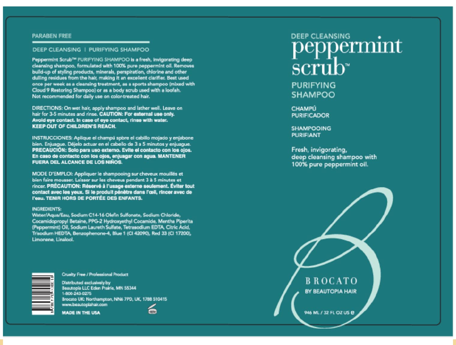 Brocato Peppermint Scrub Purifying Shampoo bottle-side showcases 32 oz size for easy, ongoing routine use.