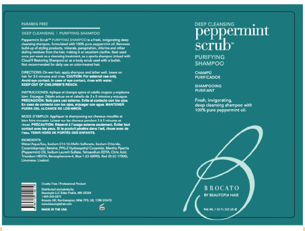 Brocato Peppermint Scrub Purifying Shampoo bottle-side showcases 32 oz size for easy, ongoing routine use.