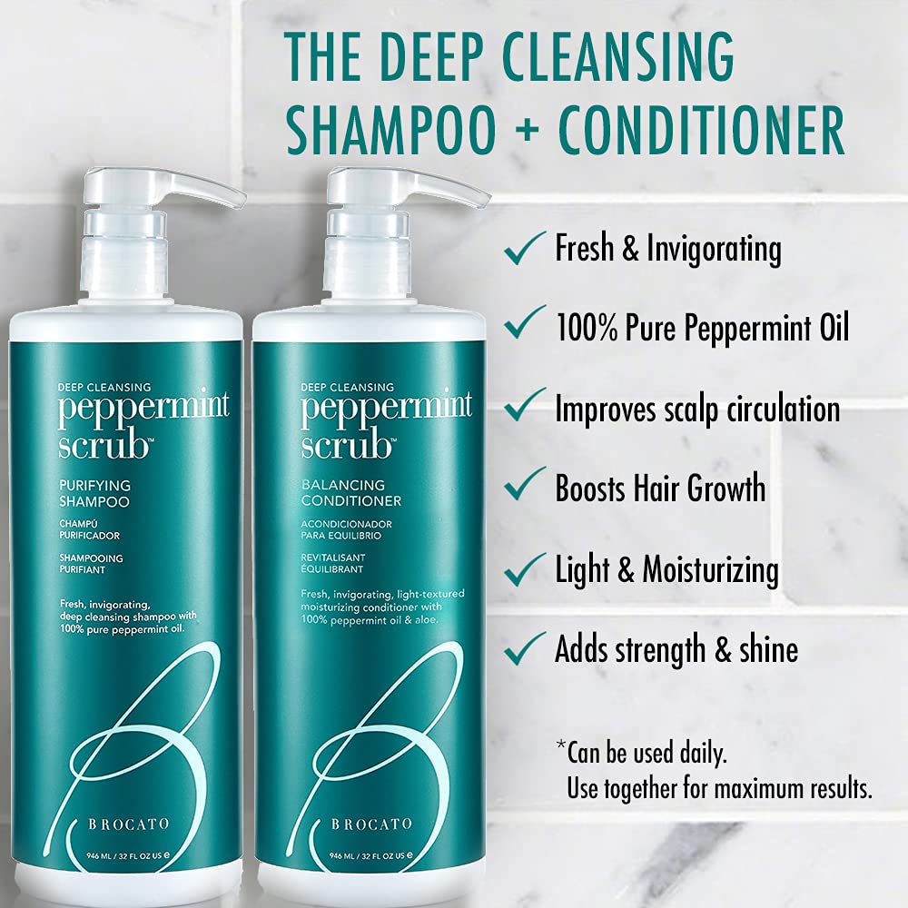 Brocato Peppermint Scrub Purifying Shampoo foamy-lather captures awakening peppermint action for scalp refreshment.