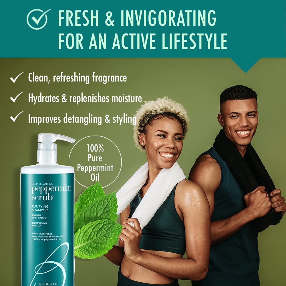 Brocato Peppermint Scrub Purifying Shampoo label-closeup notes sulfate-free formula, ideal for color-treated hair.
