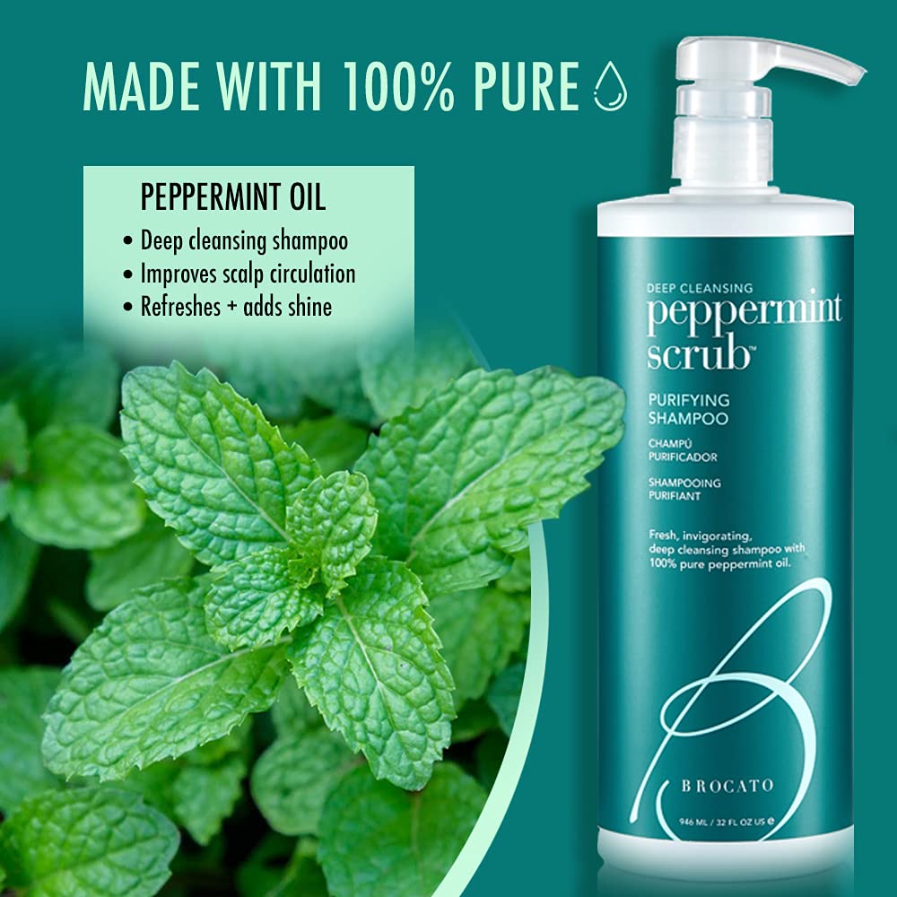 Brocato Peppermint Scrub Purifying Shampoo texture-closeup hints at creamy, lightweight cleansing for refreshed hair.