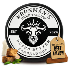 Bronmans beef tallow beard butter jar front showcasing hydrating beard nourishment