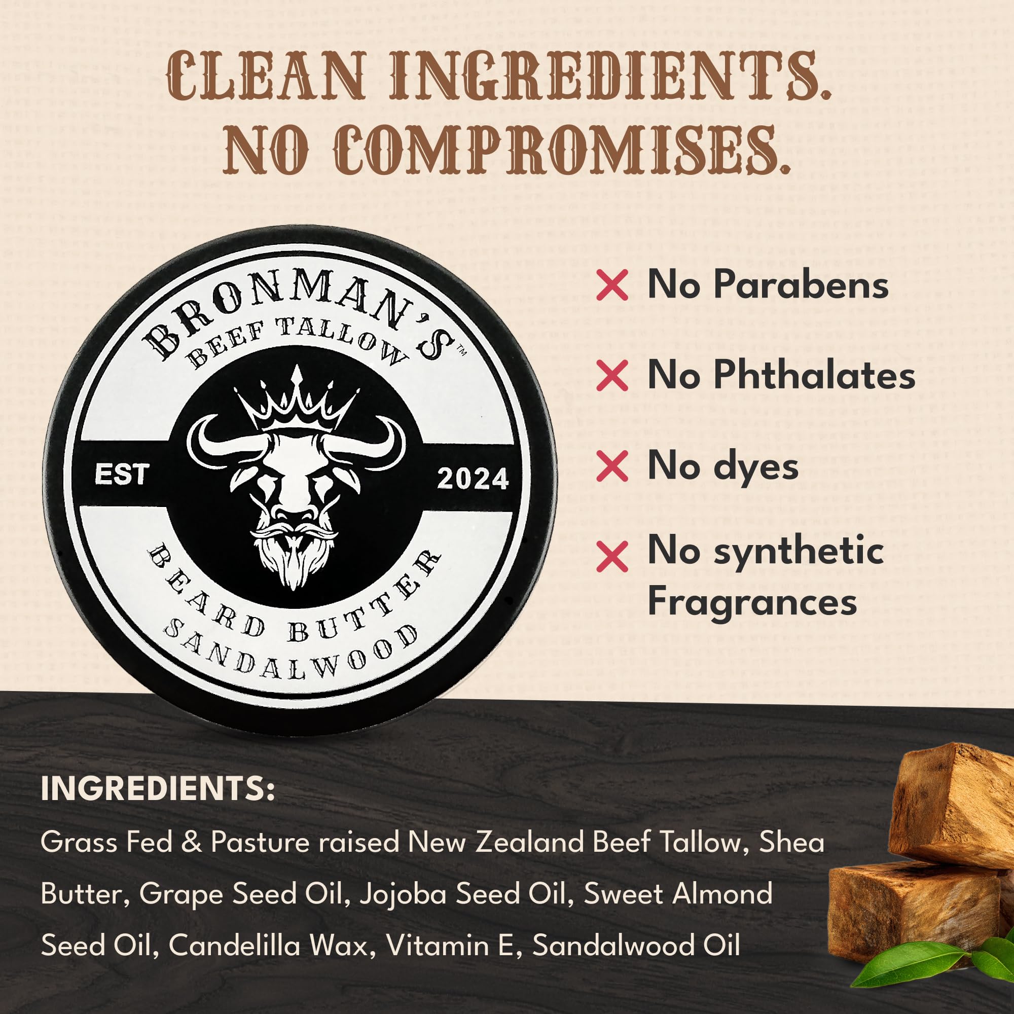 Bronmans beef tallow ingredients with shea illustrates nourishing base for healthy beard
