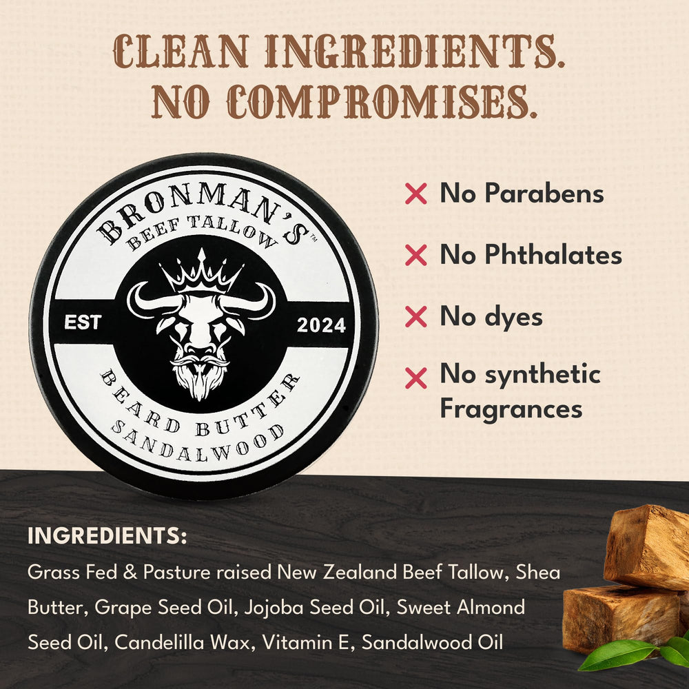 Bronmans beef tallow ingredients with shea illustrates nourishing base for healthy beard