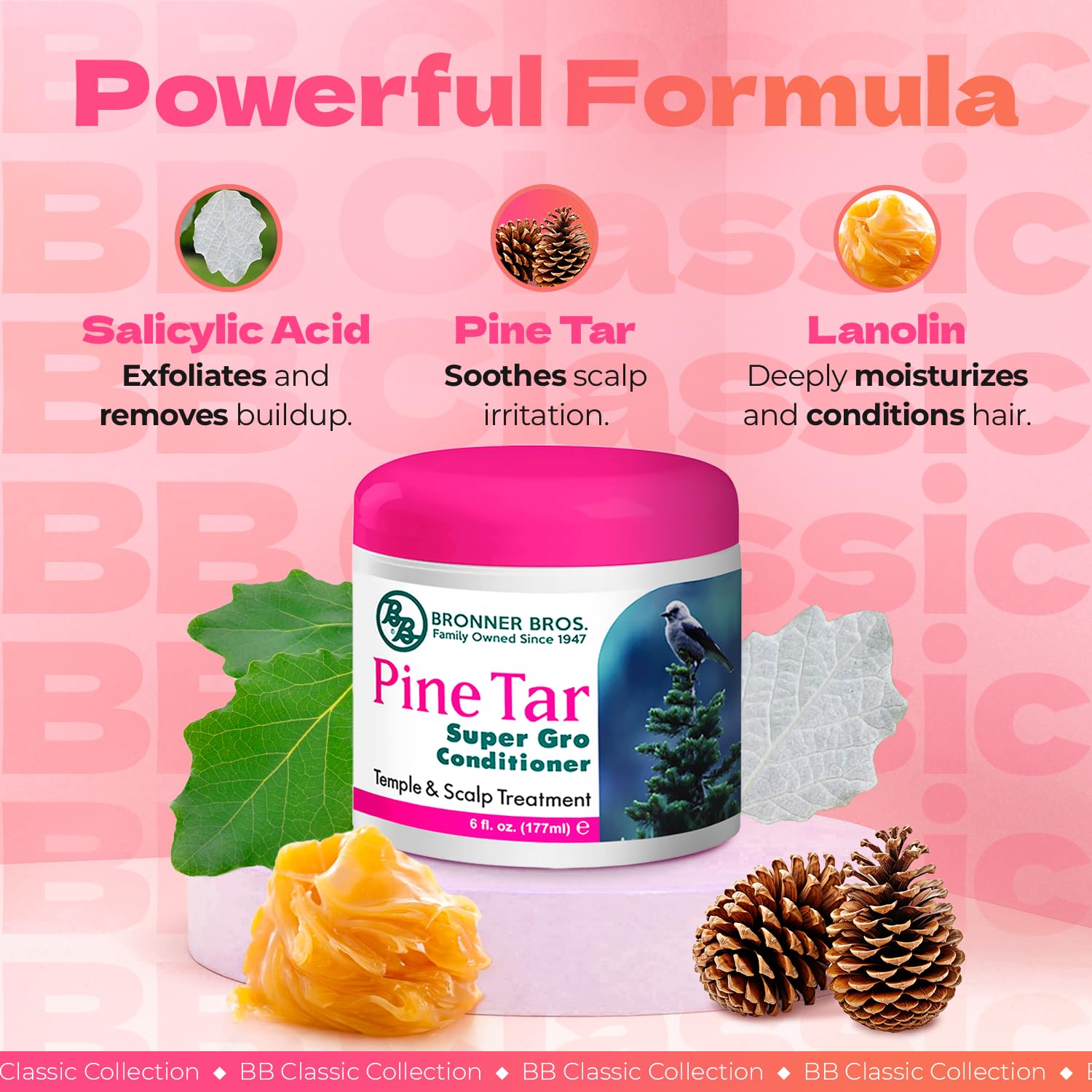 Bronner Bros Pine Tar Super Gro applied-on-scalp demonstrates soothing temple and scalp care.