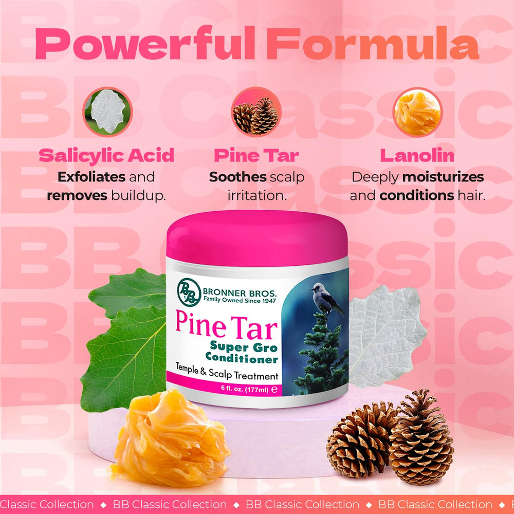 Bronner Bros Pine Tar Super Gro applied-on-scalp demonstrates soothing temple and scalp care.