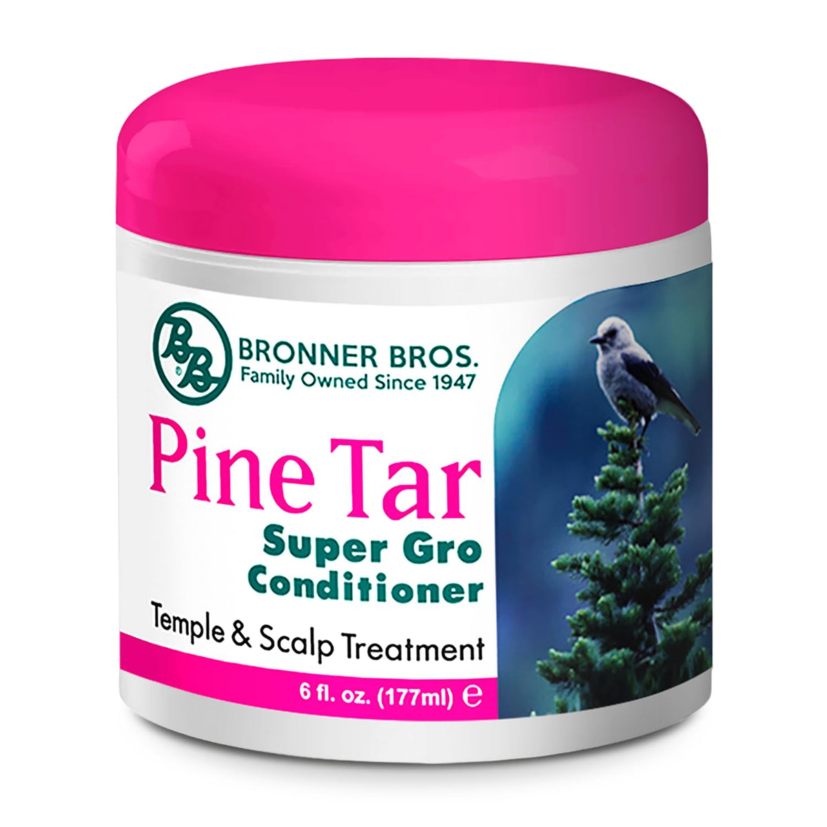 Bronner Bros Pine Tar Super Gro bottle front showing label and 6 oz size for scalp care use.