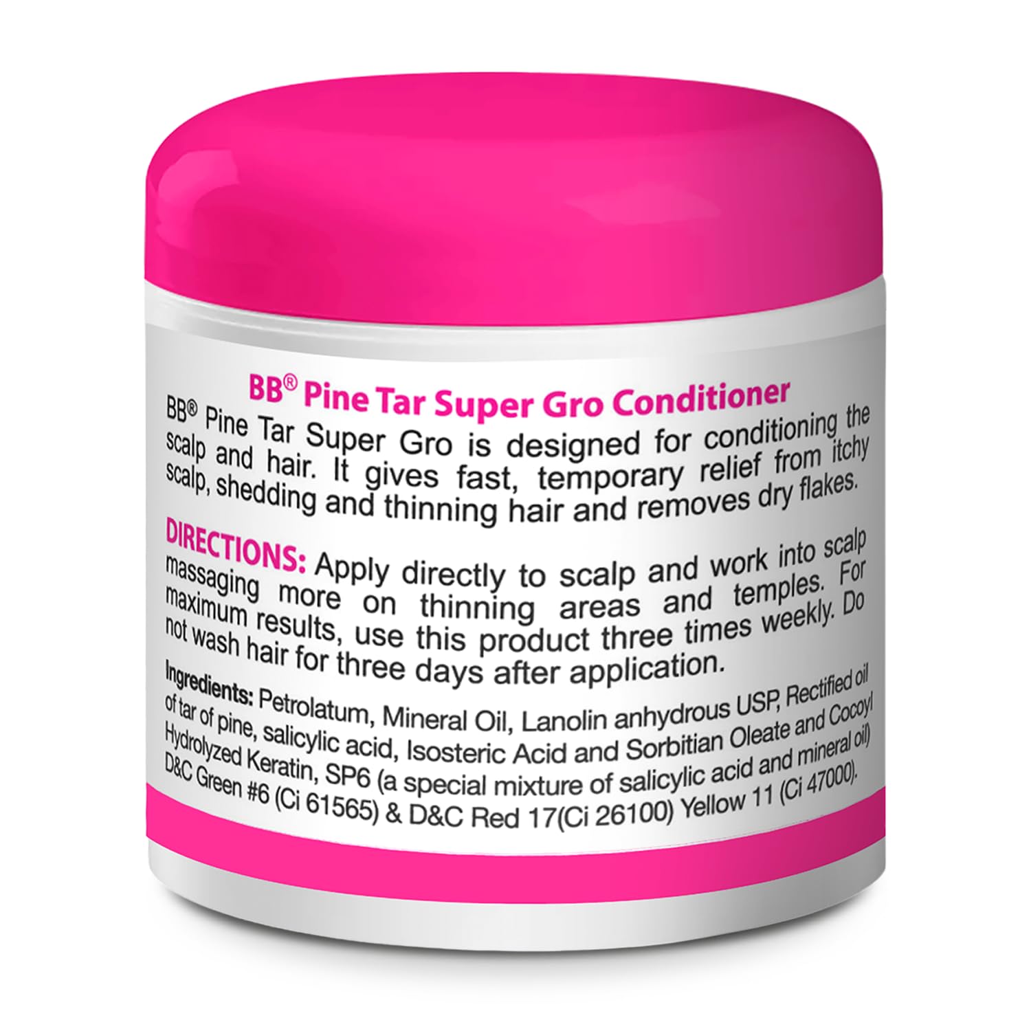 Bronner Bros Pine Tar Super Gro packaging with ingredients list in box.