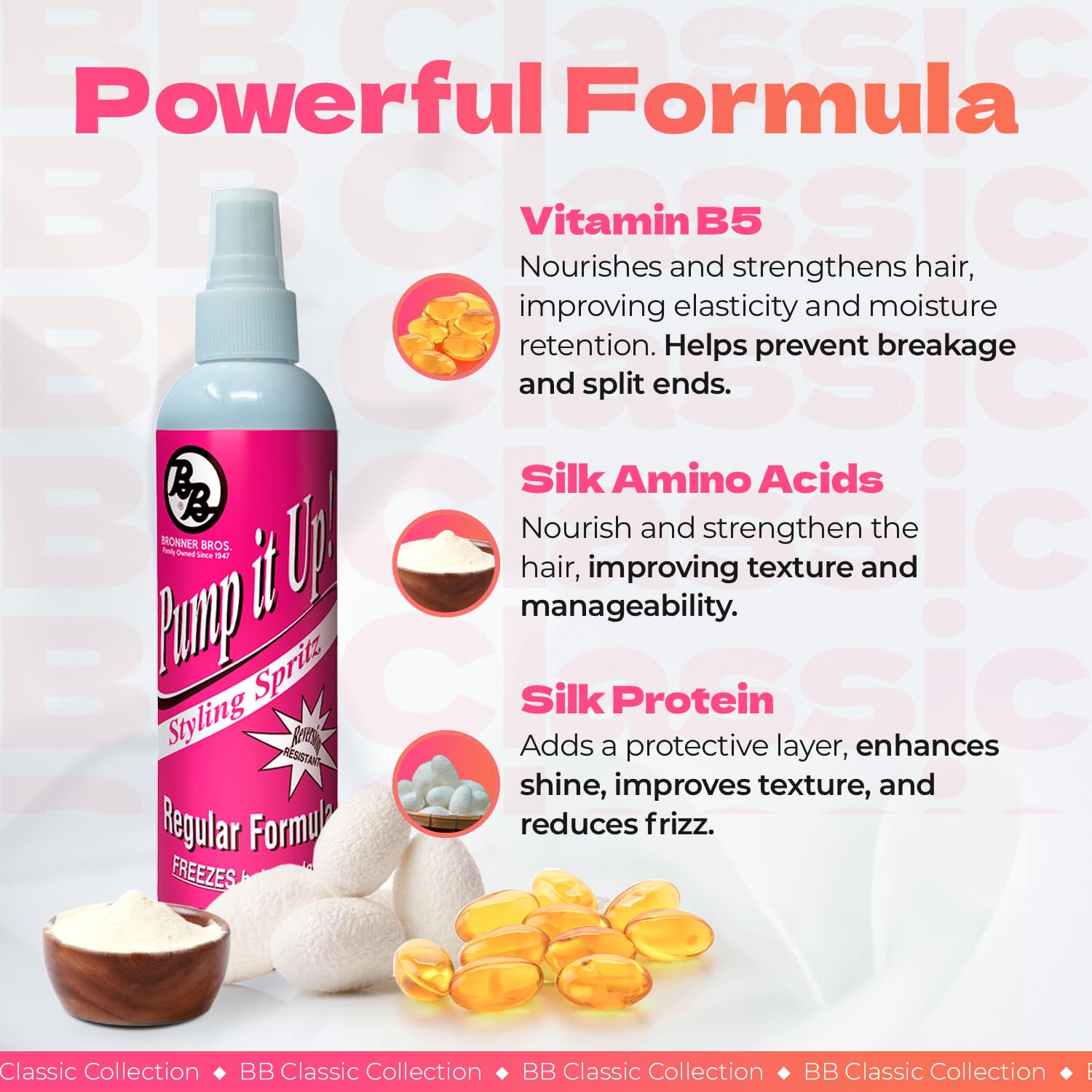 Bronner Bros Pump It Up Spritz Vitamin B5 closeup highlighting nourishing blend