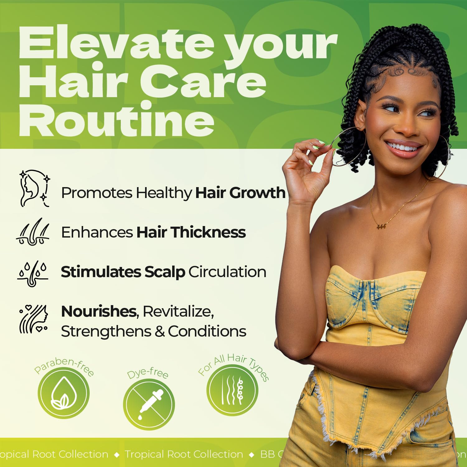 Bronner Bros Tropical Roots Aceite Negro Ricino Romero, textura sedosa para el cuero cabelludo.