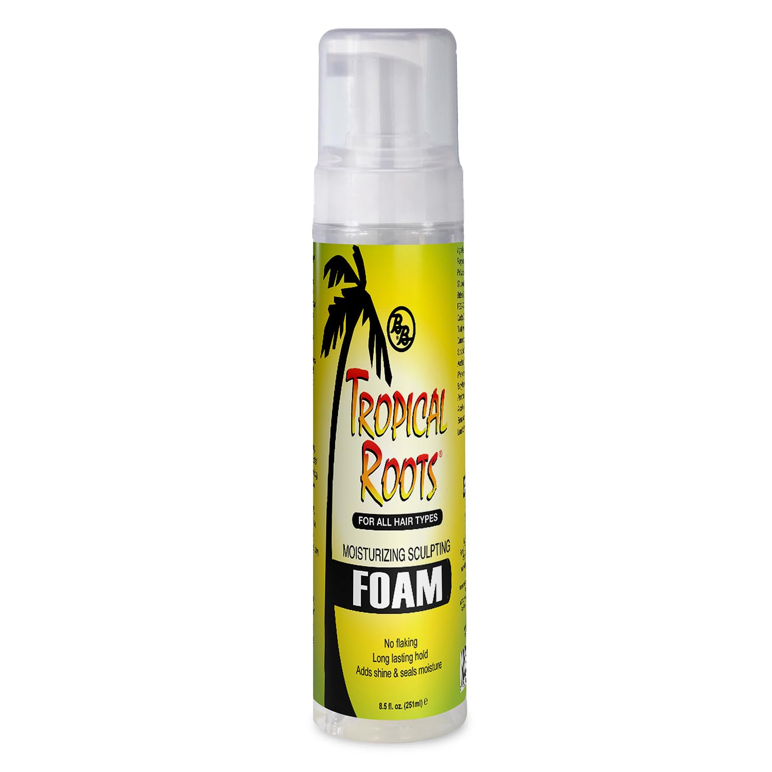 Bronner Bros Tropical Roots foam packaging highlights hydrating formula for defined styles.