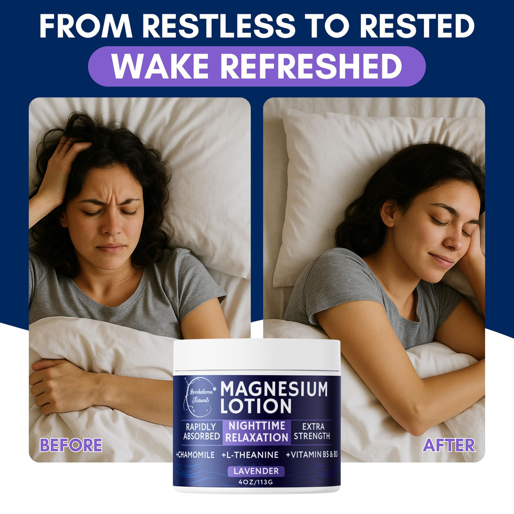 Brookethorne Naturals Nighttime Magnesium Lotion bedtime routine with lavender and chamomile benefits.