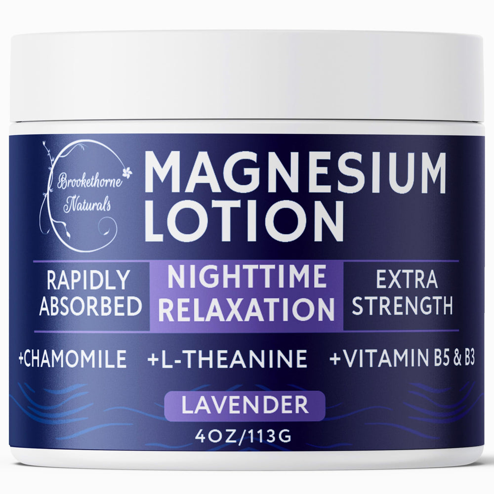 Brookethorne Naturals Nighttime Magnesium Lotion bottle pour demonstrates easy application for restful evenings.