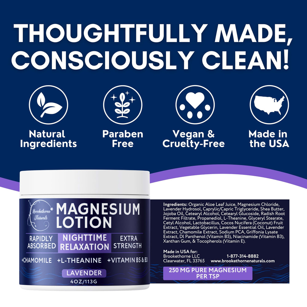 Brookethorne Naturals Nighttime Magnesium Lotion USA-made label on jar denotes small-batch quality.
