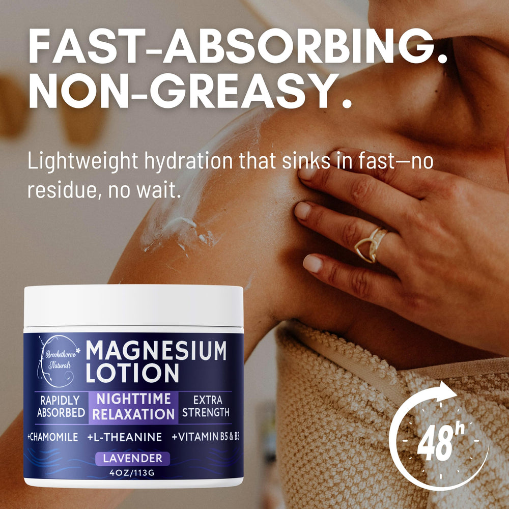 Brookethorne Naturals Nighttime Magnesium Lotion vegan bottle on a clean vanity underscores cruelty-free care.