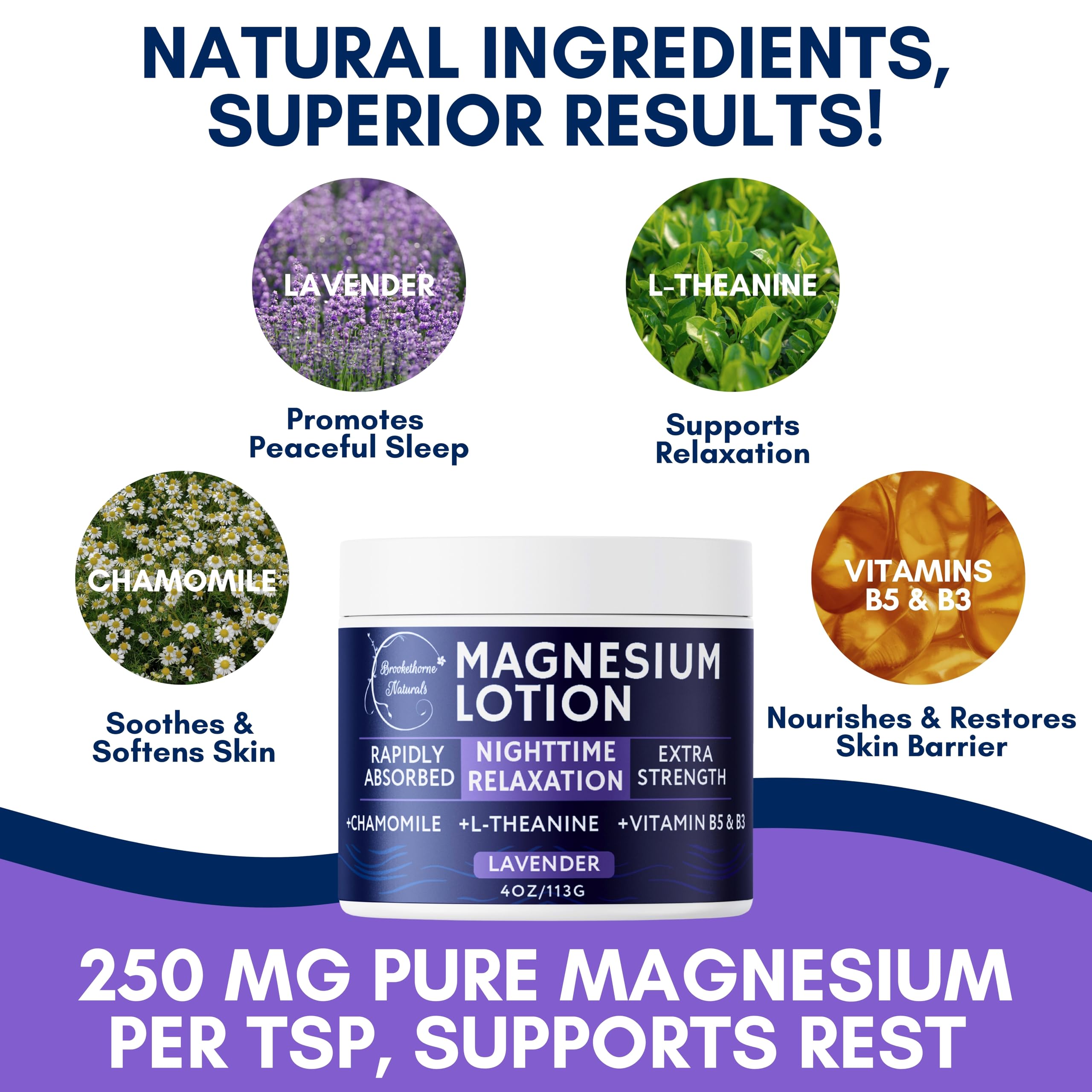 Brookethorne Naturals Nighttime Magnesium Lotion con lavanda, aroma floral suave.