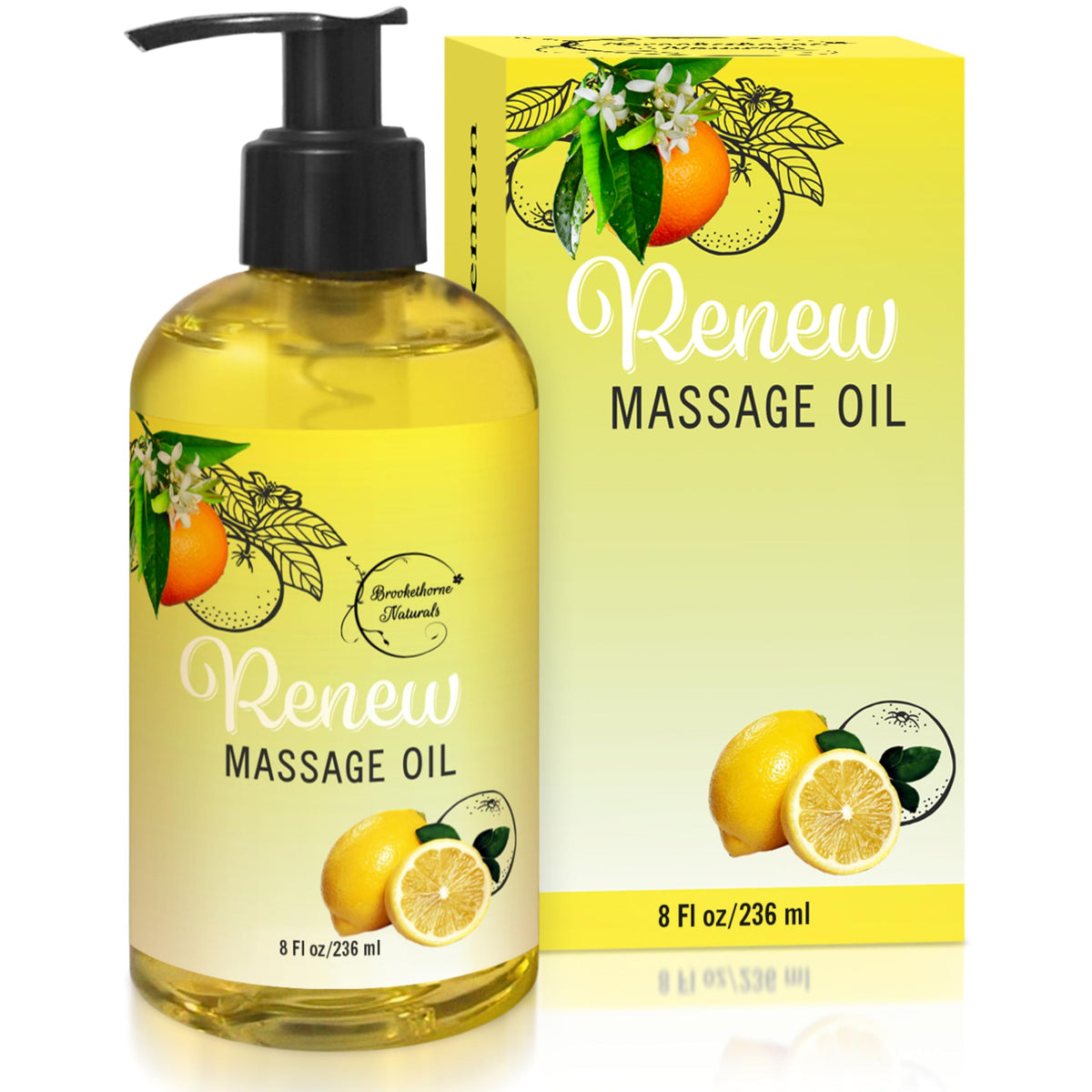 Brookethorne Naturals Renew massage oil bottle showcases premium blend for full body relaxation