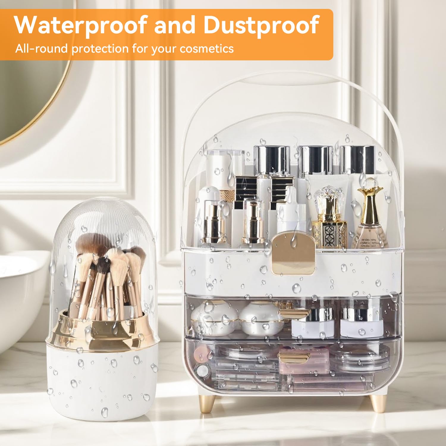 Brothersbox makeup organizer highlighting its elegant design beside beauty essentials.