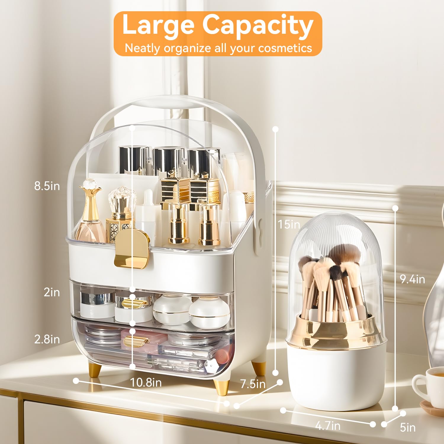 Brothersbox makeup organizer lid open displaying cosmetics inside.