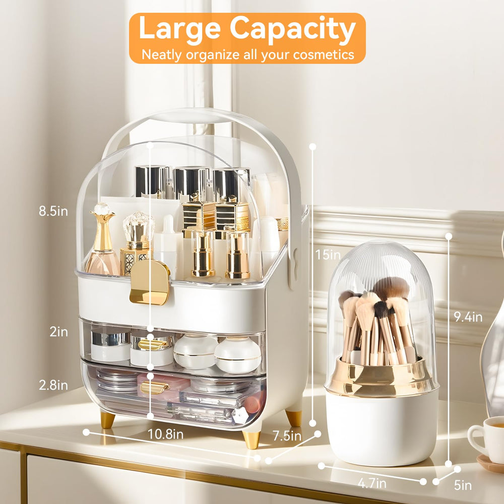 Brothersbox makeup organizer displaying top compartment ideal for skincare products.