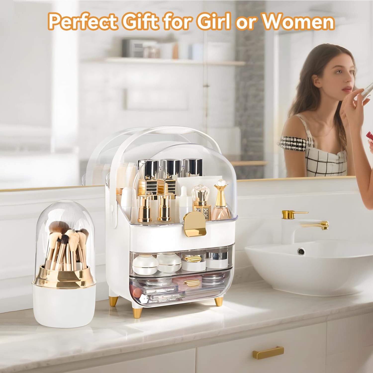 Brothersbox makeup organizer filled with cosmetics showcasing its functionality.