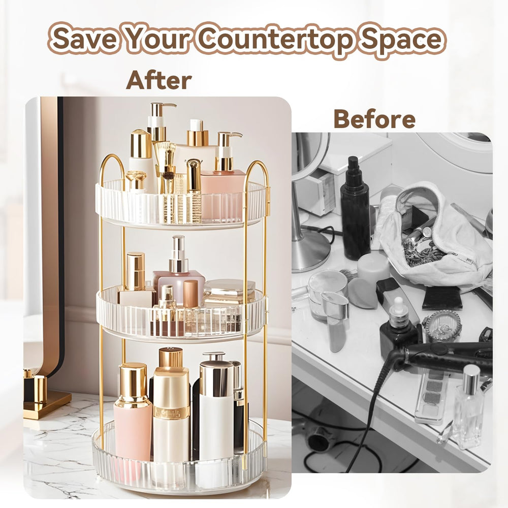 Brothersbox spinning cosmetic organizer showcases items from foundations to lipsticks, reducing clutter