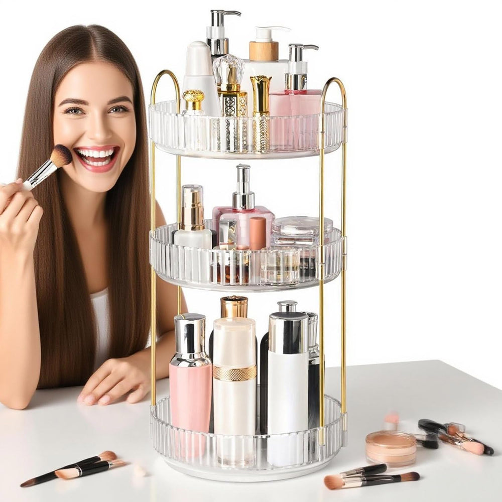 Brothersbox three-tier perfume organizer keeping skincare and makeup organized by category