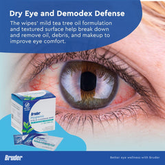 Bruder Eyelid Cleansing Wipes closeup showing pre-moistened formula for no-rinse use.