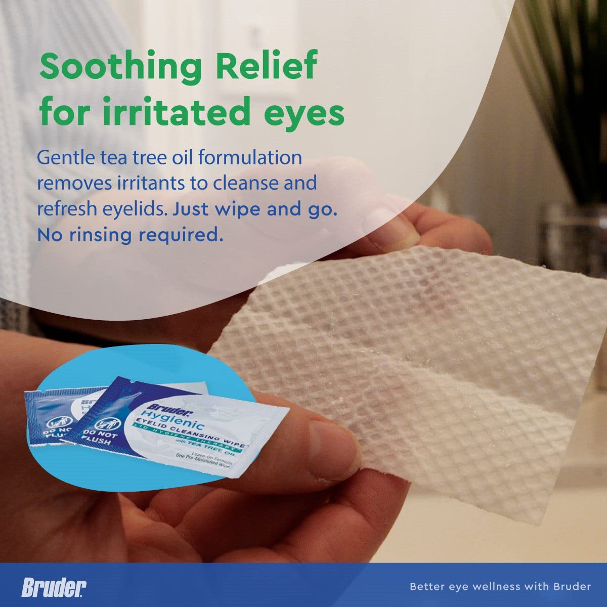 Bruder Eyelid Cleansing Wipes pack on-the-go for convenient daily eyelid hygiene.