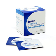 Bruder wipes pack opened on desk for quick, rinse-free eye cleansing