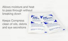 Bruder Hygienic Eyelid Sheets size close-up highlights 3-1/2 by 7-7/8 inch sheet for eye care.