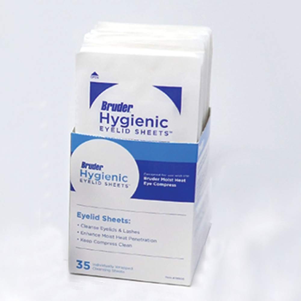 Bruder Hygienic Eyelid Sheets paired with Moist Heat Eye Compress supports clean lids and lashes.