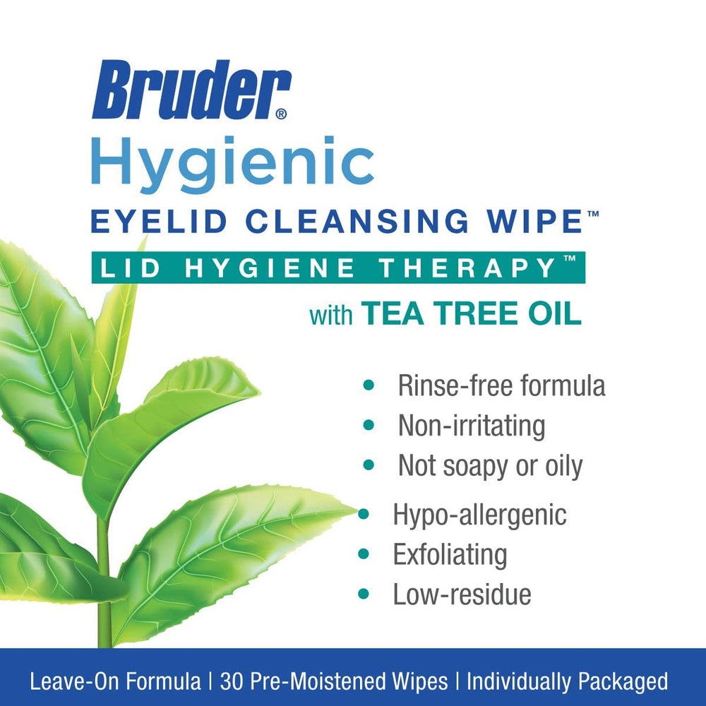 Bruder Tea Tree Oil wipes application on eyelids and lashes for gentle cleansing.