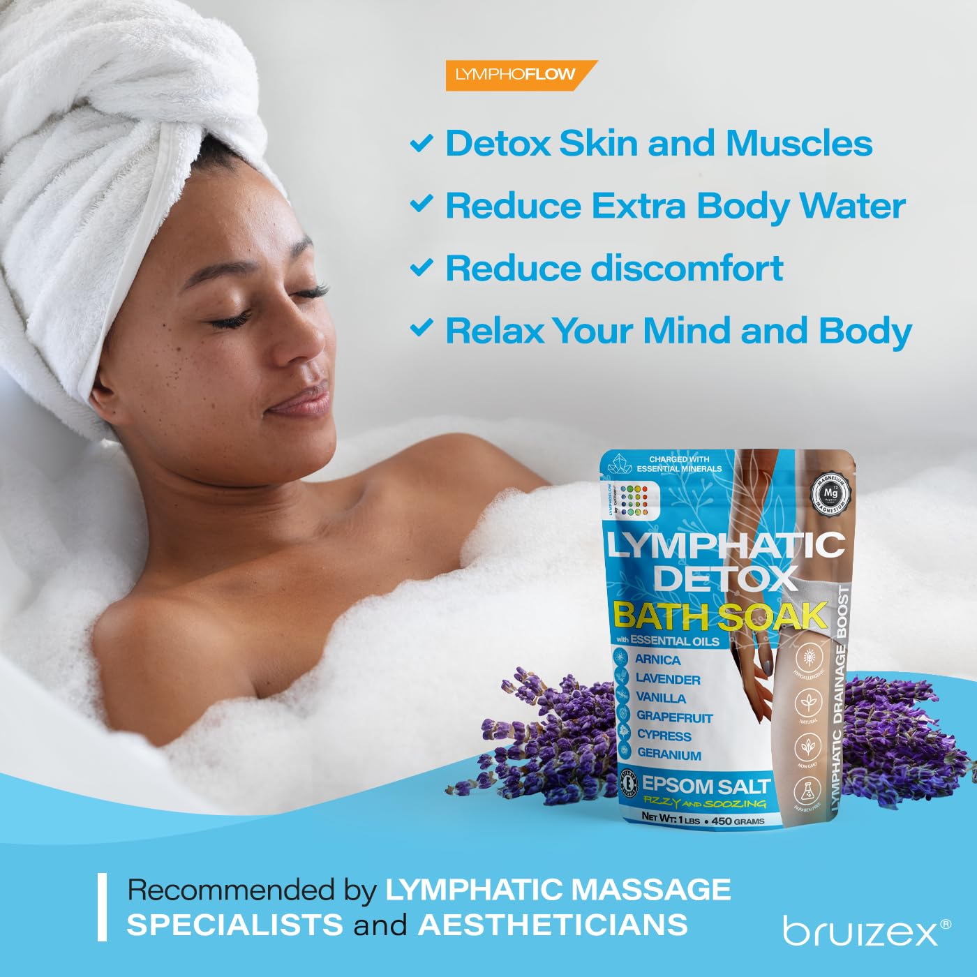 Bruizex Arnica Bath Salts dissolving in water with bubbles for a full-body detox experience.