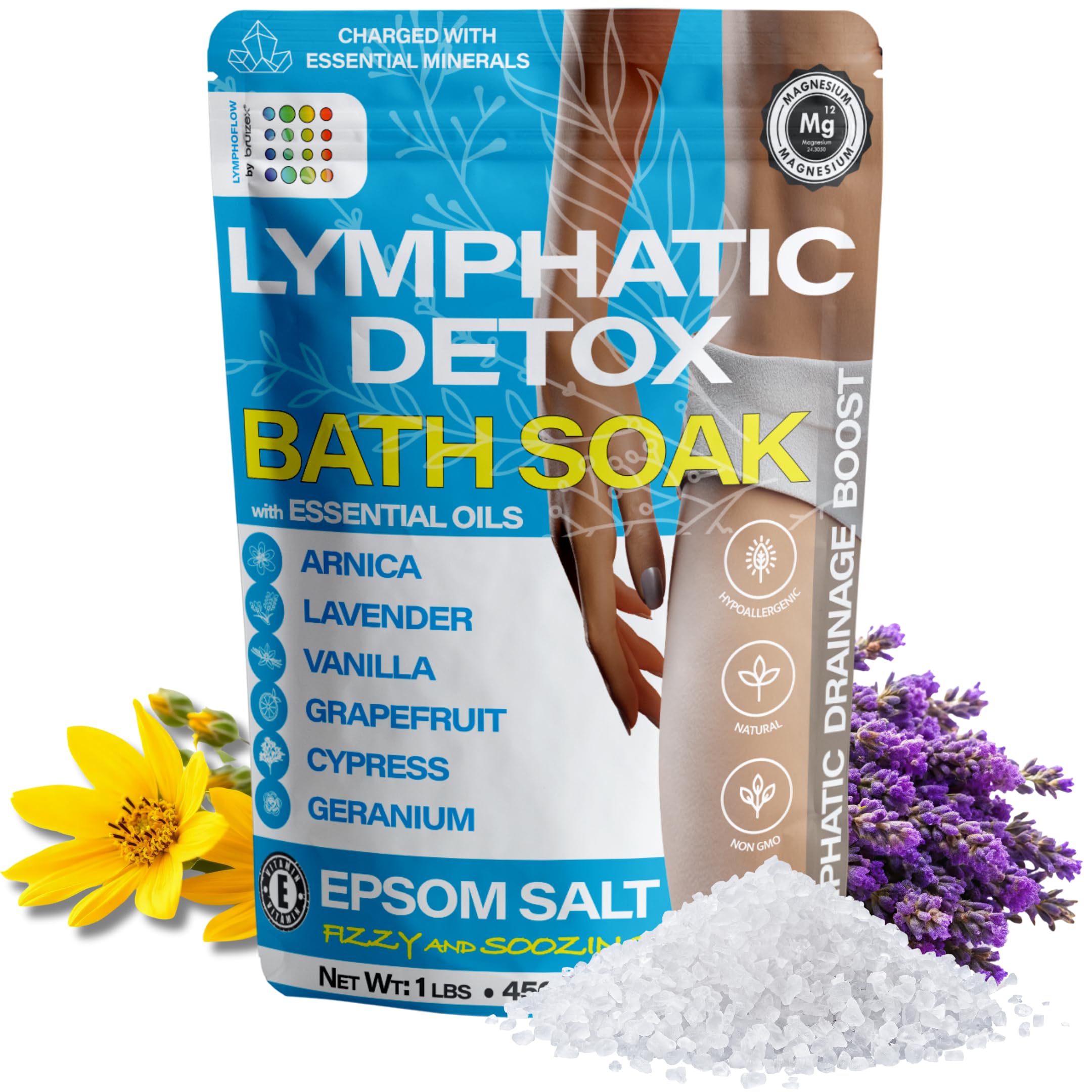 Bruizex Arnica Bath Salts lavender jar close-up for calming aromatherapy during a spa-like soak.