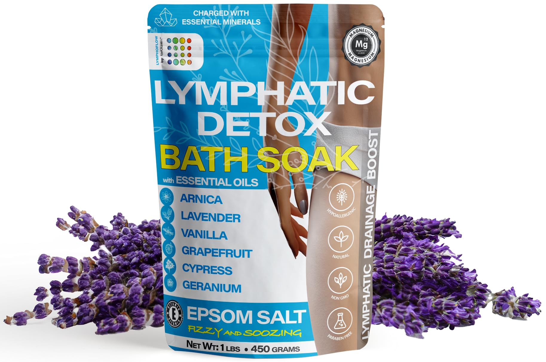Bruizex Arnica Bath Salts bubbling bath close-up emphasizing silky-skin feel and calm.