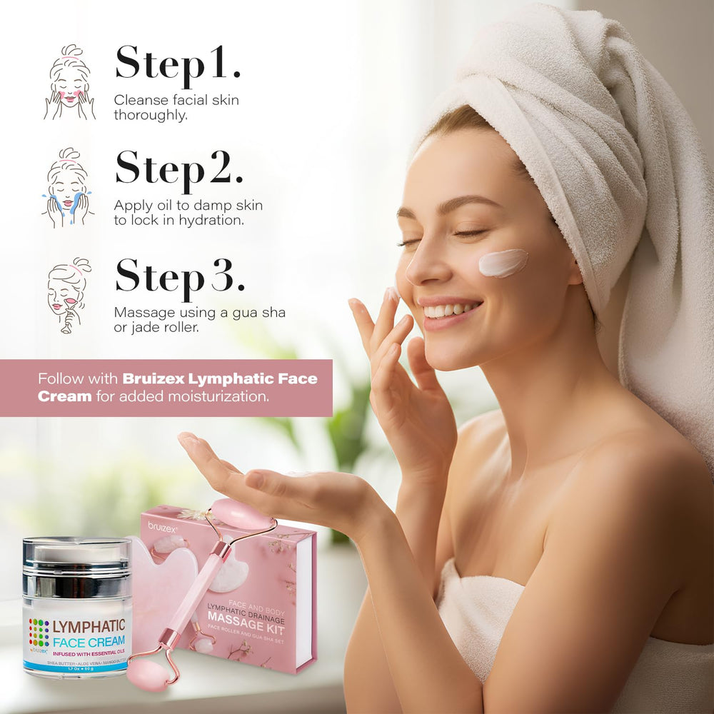Bruizex guasha tool applying oil on neck for puffiness-friendly massage