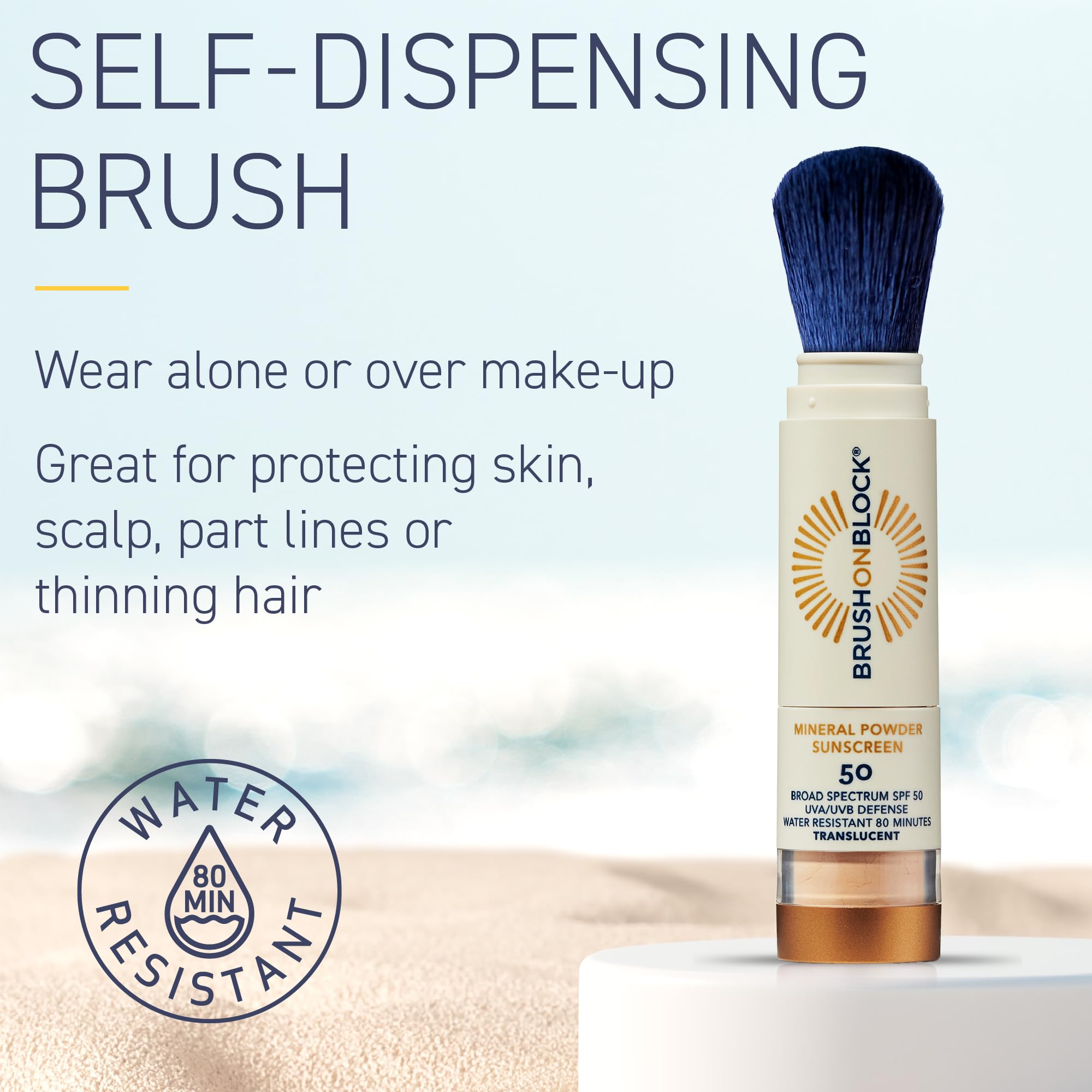 Brush On Block brush closeup shows sheer, light coverage on skin.