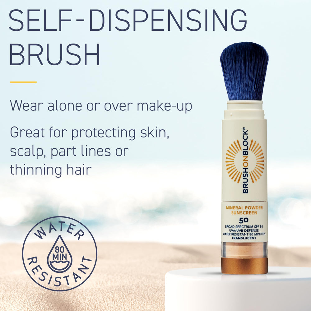 Brush On Block brush closeup shows sheer, light coverage on skin.