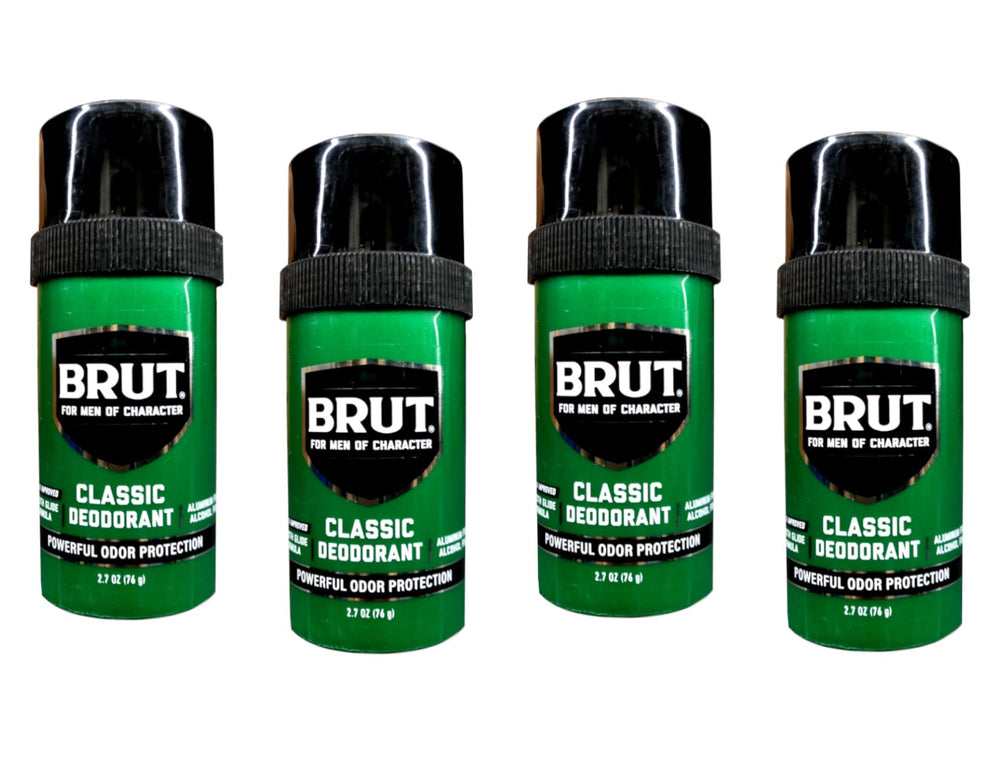 BRUT Classic Round Stick Deodorant application showing smooth glide and odor protection.